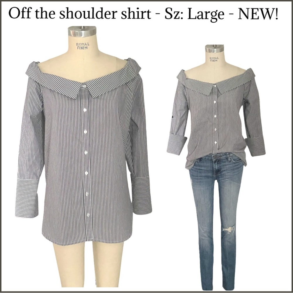 NWT-Marled by Reunited. Off-The-Shoulder Button Down. Wide Cuffs, Dolphin Hem.